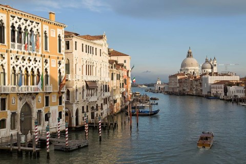 View from the Ponte dell'Accademia bridge on buildings and the church of Santa Maria della Salute on the Grand Canal