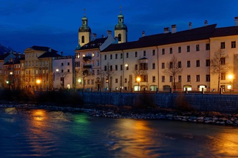 Dusk at the Inn River with Innsbruck Cathedral or Cathedral of St. James