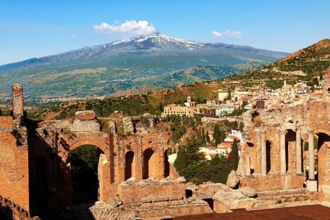 Ampitheatre with Mount Etna volcano in the distance