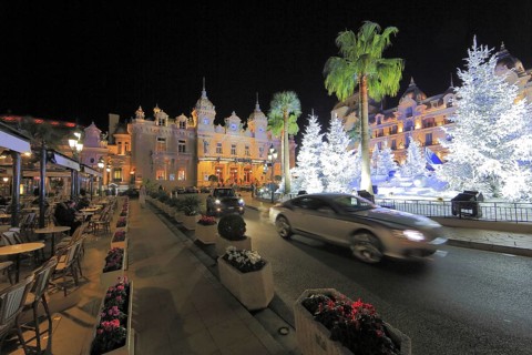 Forecourt of the Casino de Monte-Carlo with christmas decoration with white fir