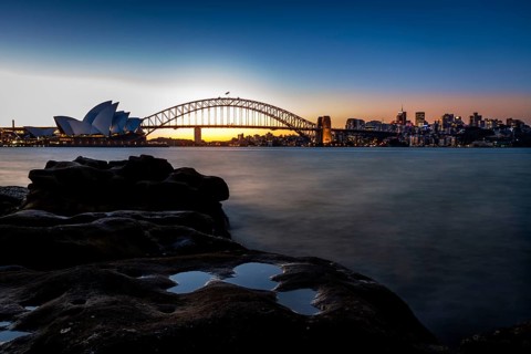 The Sydney Opera House and Harbour Bridge at dusk