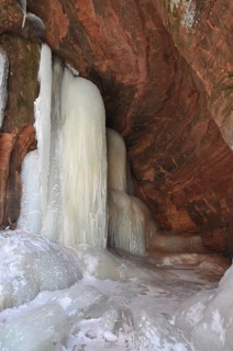 Frozen waterfall inside a cave on the shore of Lake Superior