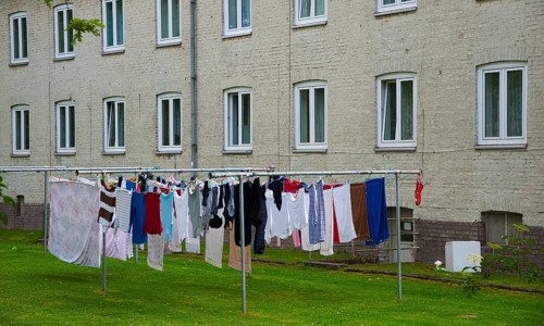 Laundry hanging outside in front of council flats
