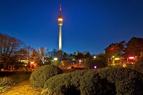 Winter lights in Westphalia Park with the television tower Florian at dusk