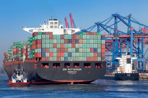Fully loaded container ship