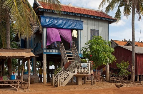 Stilt house on the banks of the Mekong River