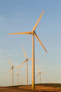Windmills in the evening light on a wind farm near Sanlucar de Barrameda
