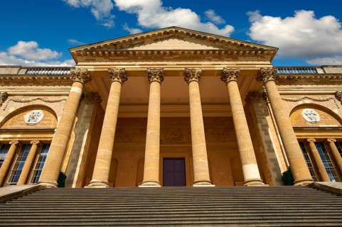 The neo-classical south front of Stowe House with Corinthian columns
