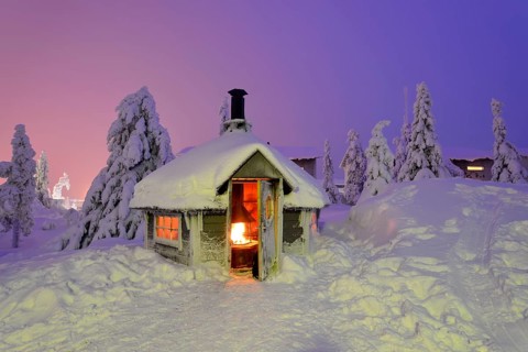 Finnish Kota in a snow-covered landscape