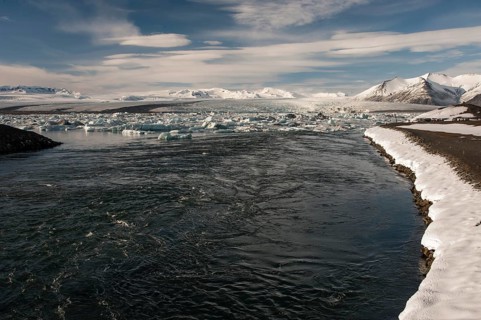 View of the Jokulsarlon glacier lagoon from the bridge over the lake outlet