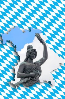 Shape of Bavaria with the pattern of the Bavarian flag and a statue of Bavaria