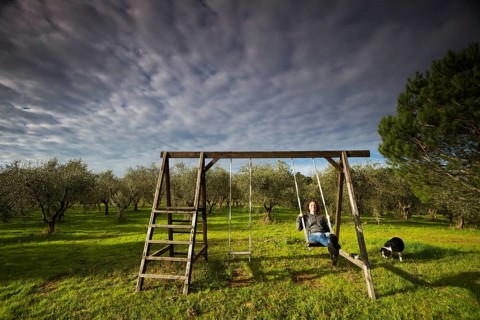 Girl swinging on a wooden swing in front of an olive grove