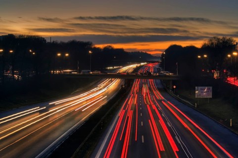 A96 motorway at dusk with light trails of moving cars