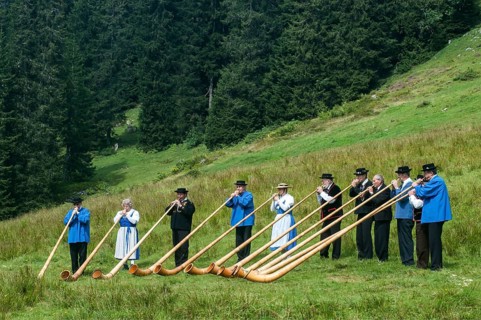 Group of alphorn players performing on a meadow in Justistal valley