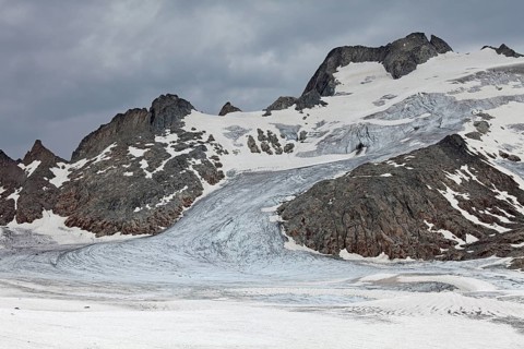 Melting glacier tongue of the Oberalpstock glacier flowing into the Cavardiras Glacier