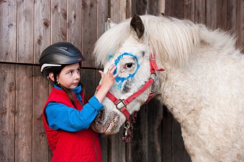 Girl wearing a riding helmet painting a pony with finger paints