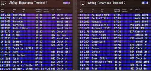 Flight departures board with many cancelled flights