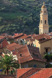 View over the red rooftops of Vallebona with the Church of San Lorenzo