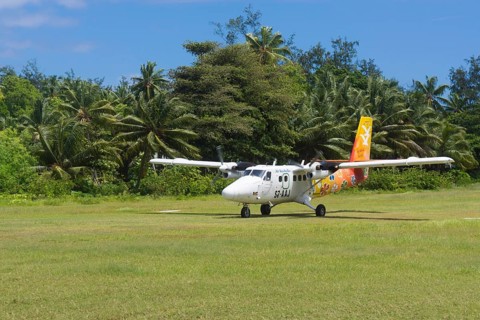 Aircraft 'Twin Otter' of the AIR SEYCHELLES airline at the airport of Denis Island