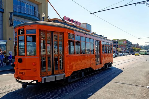 The historic streetcar of the F-line at Fisherman's Wharf