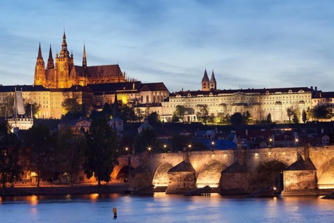 View over the Vltava River to Charles Bridge and Hradcany