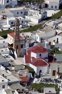 Roofs of the town of Lindos with Panagia Church