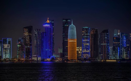 Skyline of Qatar at night with the World Trade Center