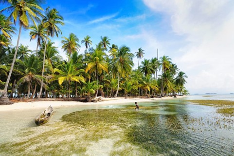 Lonely beach with palm trees on a tropical island