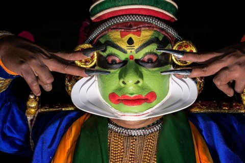 A Katakali with the complete make up of the character Krishna for the Santhana Gopalam play during a temple festival