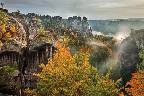 View from the Bastei in fall at dawn
