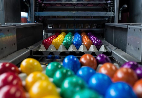Brightly coloured Easter eggs on a conveyor belt