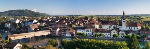 Townscape with its historic wooden bridge over the Rhine