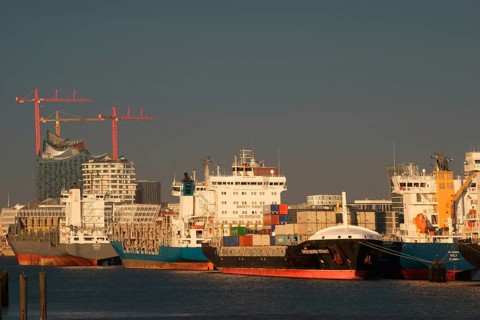 Ships in the Port of Hamburg at anchor in the North Elbe