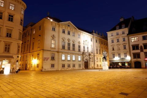 Judenplatz square with the Lessing statue and the memorial for the victims of the Shoah
