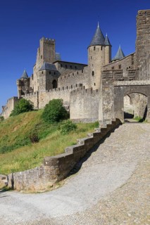 Towers and entrance gate Port d'Aude of the medieval fortress of Carcassonne
