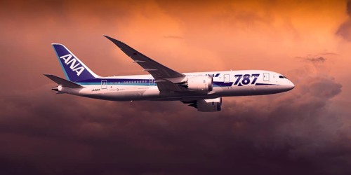 All Nippon Airways Boeing 787-8 Dreamliner in flight in the evening