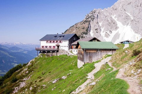 Gruttenhuette mountain hut along the Wilder-Kaiser-Steig hiking trail