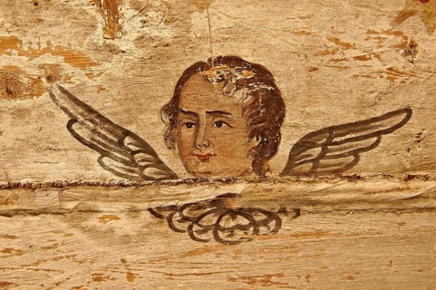 Naive Christian fresco inside the wooden Church of the Archangels Michael and Gabriel