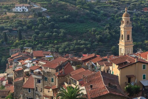 View over the red rooftops of Vallebona with the Church of San Lorenzo