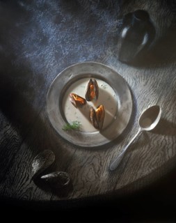 Moules marinieres on a pewter plate