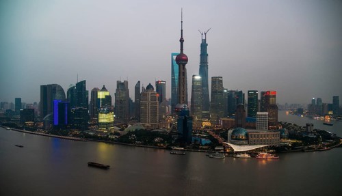 Skyline of the Financial District with the Oriental Pearl Tower and the Shanghai Tower