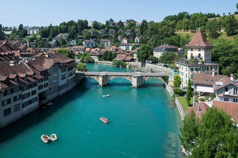 View of the Aar River or Aare River with the Untertor Bridge