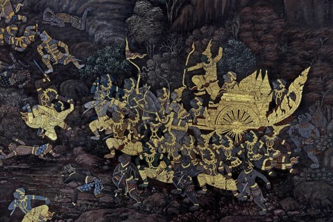 Wall painting with motifs from the Ramakian