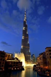 Nighttime water show of The Dubai Fountain at Lake Burj Khalifa in front of Burj Khalifa