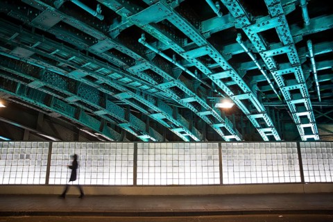 Pedestrian in an illuminated underpass
