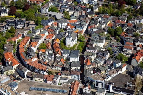 Aerial view of the historical city centre of Ludenscheid's old town with the Erloserkirche at the Kirchplatz in Ludenscheid im Sauerland in the federal state North Rhine-Westphalia