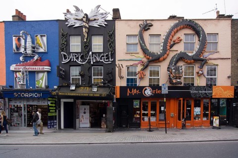 Typical street scene with colourful houses in Camden Town