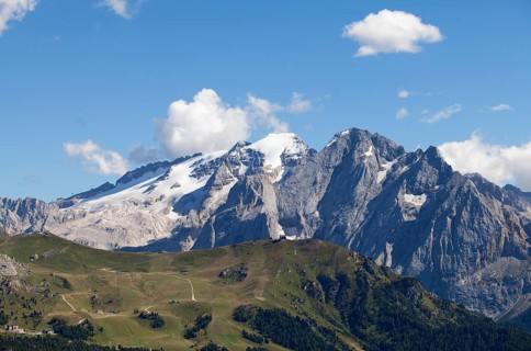 View from Sella Pass towards Marmolada Mountain