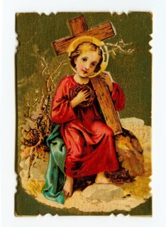 Baby Jesus holding a cross wearing a crown of thorns