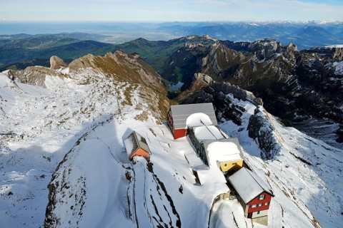Alter Saentis mountain inn on the summit of Saentis Mountain in winter